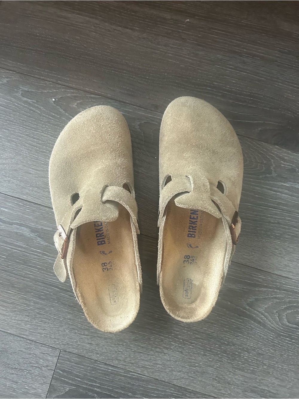 Birkenstock Taupe Suede Boston Clogs  Slip-On
